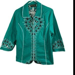 NWOT Bob Mackie Wearable Art Jacket Sz‎ L Green Zip Front Embroidered Cutouts